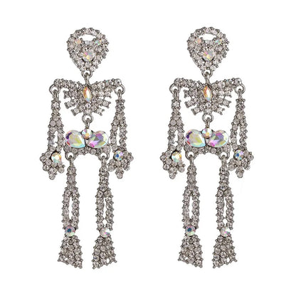 Aurora Borealis Crystal Skeleton Statement Dangling Earrings - Pair