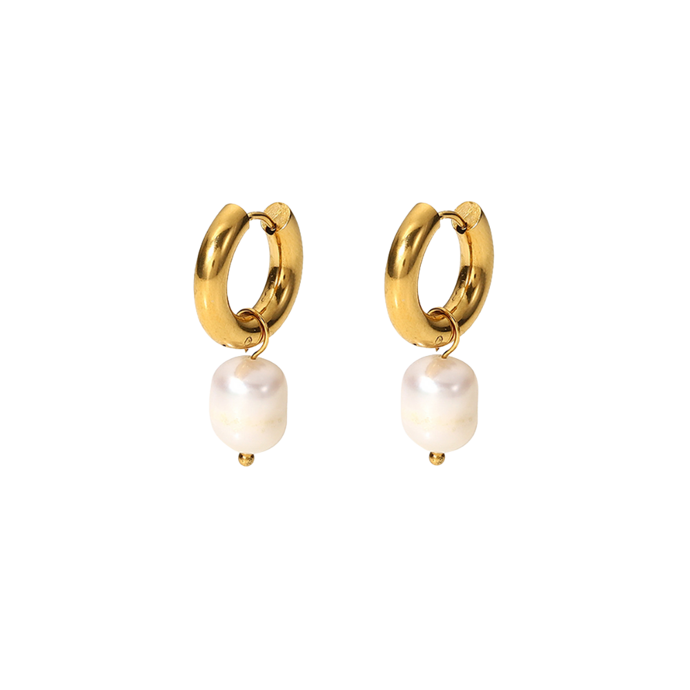 Dangling Faux Pearl Hinged Hoop Earrings - Pair - Gold Plated Stainless Steel