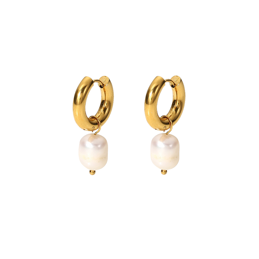 Dangling Faux Pearl Hinged Hoop Earrings - Pair - Gold Plated Stainless Steel