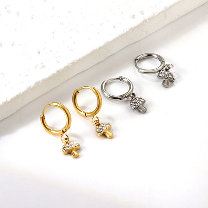 Crystal Mushroom Dangling Huggie Hoop Earrings - Pair - 304 Stainless Steel