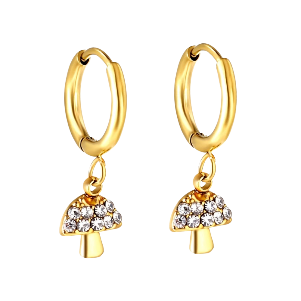 Crystal Mushroom Dangling Huggie Hoop Earrings - Pair - 304 Stainless Steel