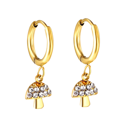 Crystal Mushroom Dangling Huggie Hoop Earrings - Pair - 304 Stainless Steel