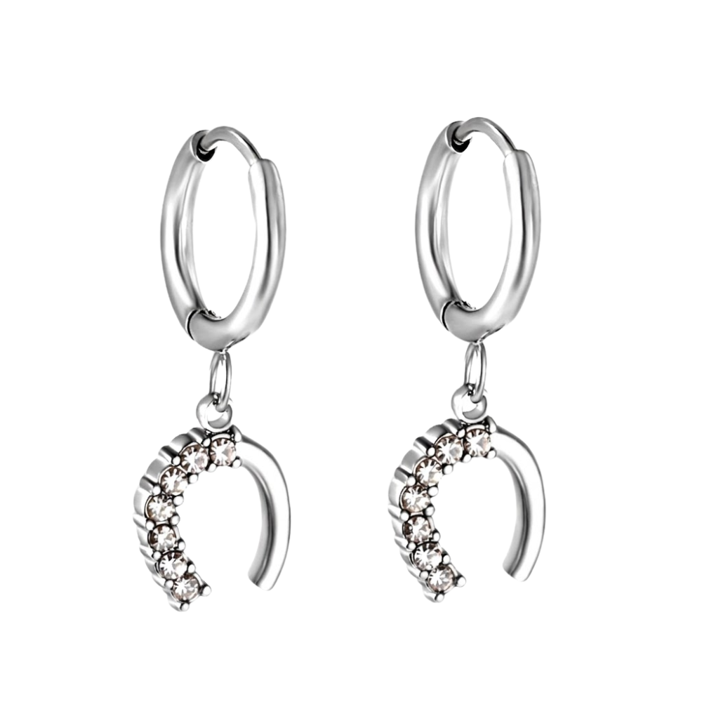 Crystal Horseshoe Dangling Huggie Hoop Earrings - Pair - 304 Stainless Steel