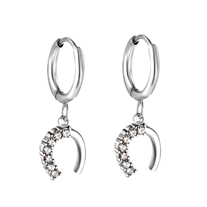Crystal Horseshoe Dangling Huggie Hoop Earrings - Pair - 304 Stainless Steel