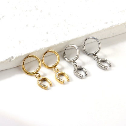 Crystal Horseshoe Dangling Huggie Hoop Earrings - Pair - 304 Stainless Steel