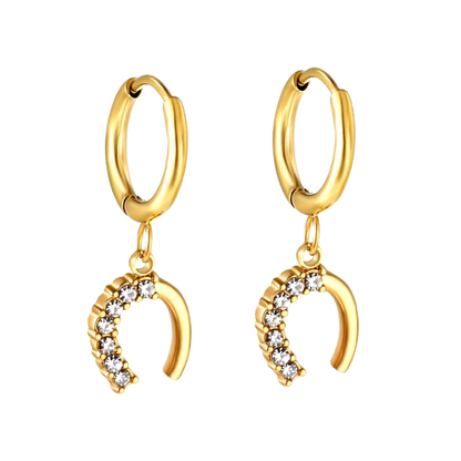 Crystal Horseshoe Dangling Huggie Hoop Earrings - Pair - 304 Stainless Steel