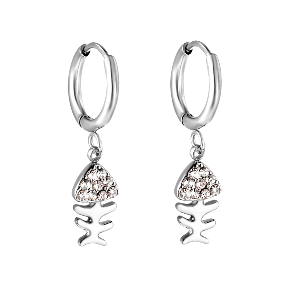 Crystal Fishbone Dangling Huggie Hoop Earrings - Pair - 304 Stainless Steel