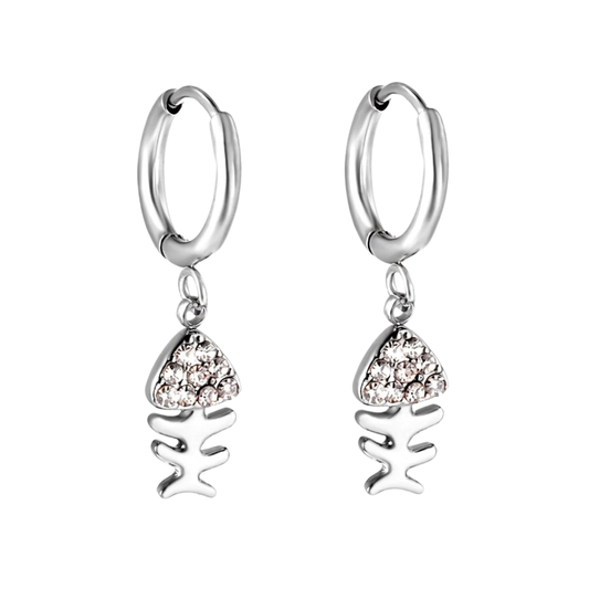 Crystal Fishbone Dangling Huggie Hoop Earrings - Pair - 304 Stainless Steel