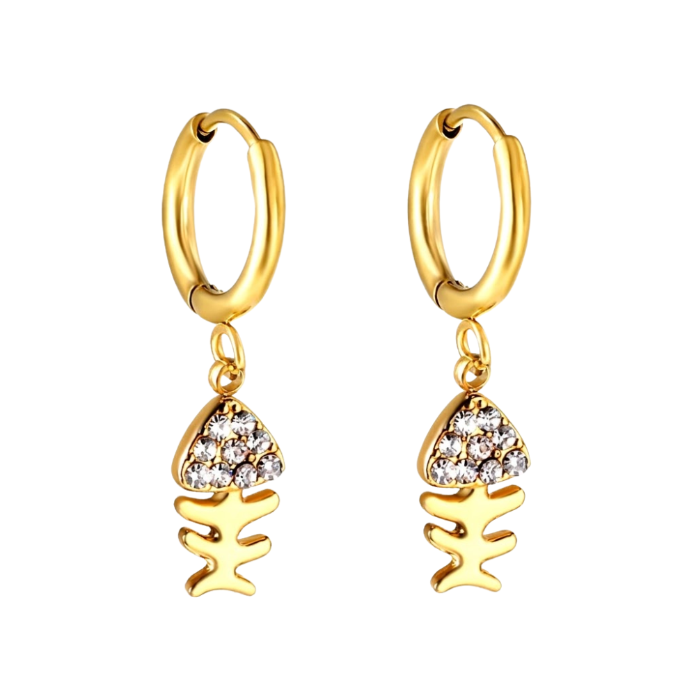Crystal Fishbone Dangling Huggie Hoop Earrings - Pair - 304 Stainless Steel