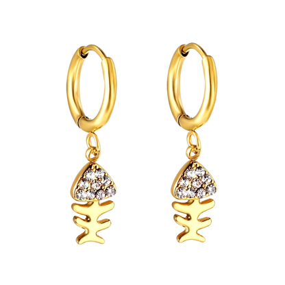 Crystal Fishbone Dangling Huggie Hoop Earrings - Pair - 304 Stainless Steel