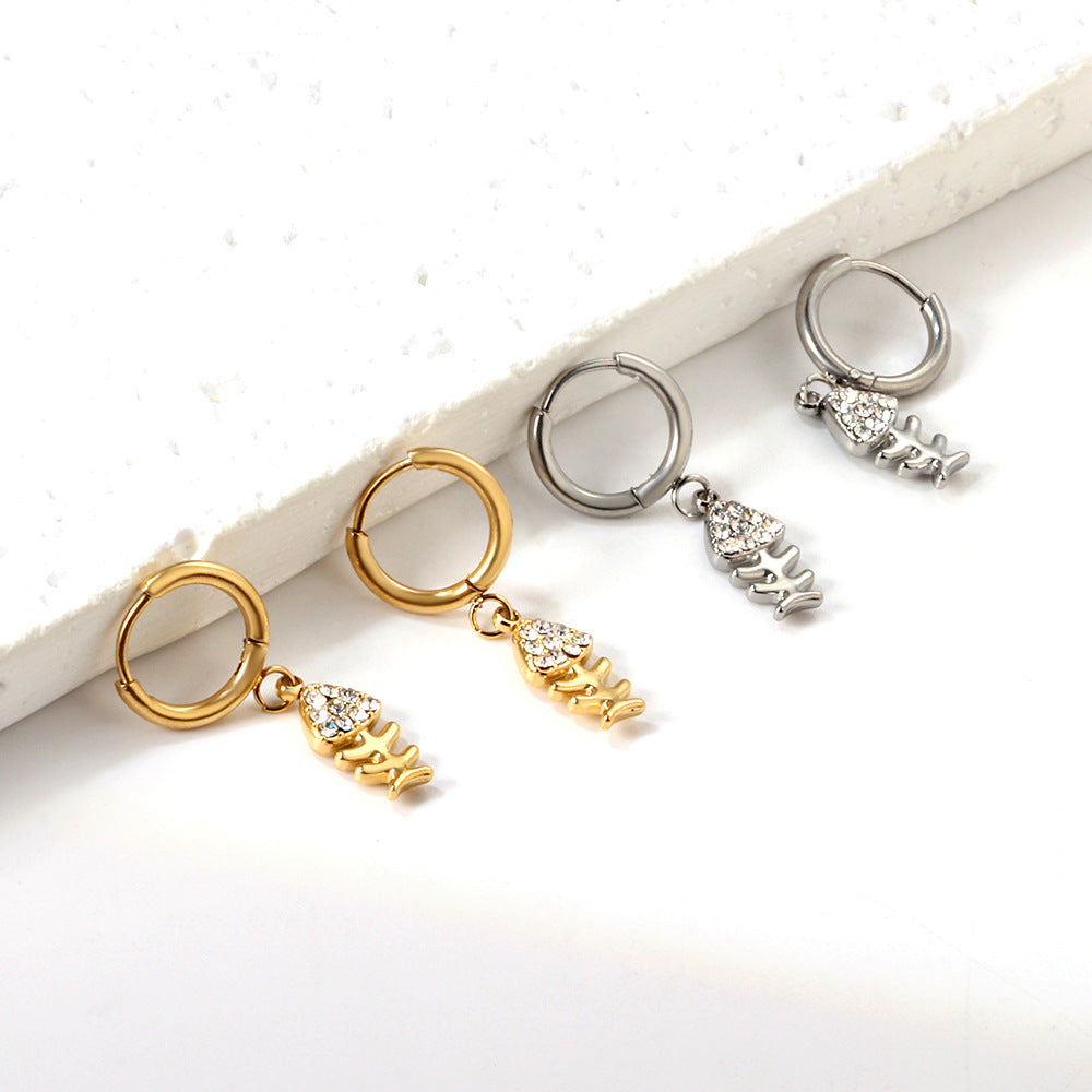 Crystal Fishbone Dangling Huggie Hoop Earrings - Pair - 304 Stainless Steel