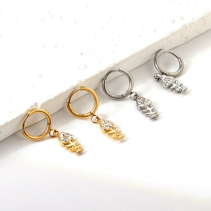 Crystal Fishbone Dangling Huggie Hoop Earrings - Pair - 304 Stainless Steel