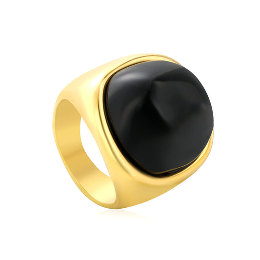 Black Oval Stone Statement Ring - 18k Gold Plated Stainless Steel