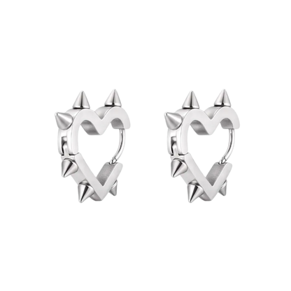 Spike Heart Shaped Huggie Hoop Earrings - Pair - Stainless Steel