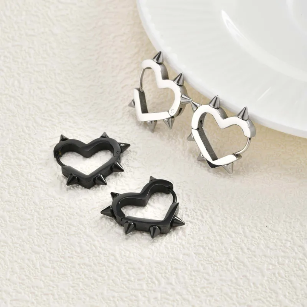 Spike Heart Shaped Huggie Hoop Earrings - Pair - Stainless Steel