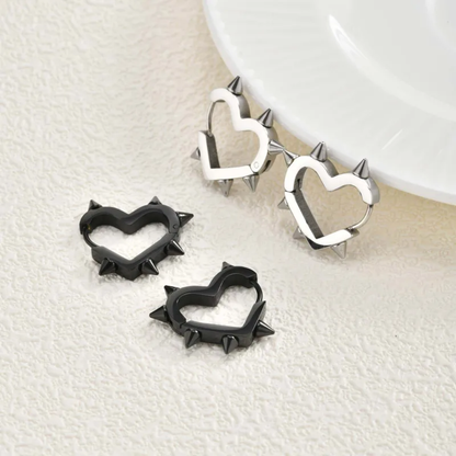 Spike Heart Shaped Huggie Hoop Earrings - Pair - Stainless Steel