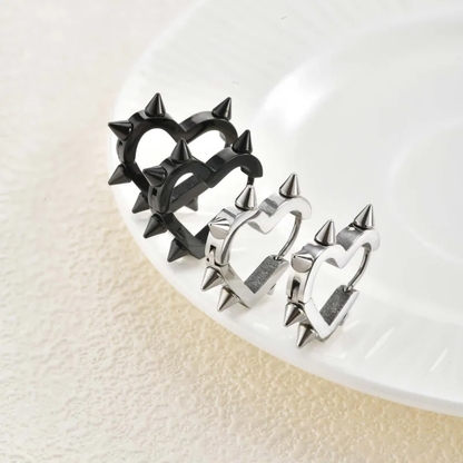 Spike Heart Shaped Huggie Hoop Earrings - Pair - Stainless Steel