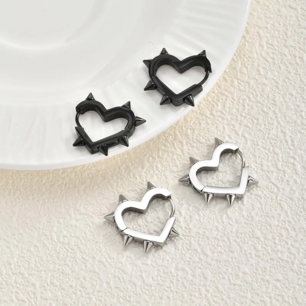 Spike Heart Shaped Huggie Hoop Earrings - Pair - Stainless Steel