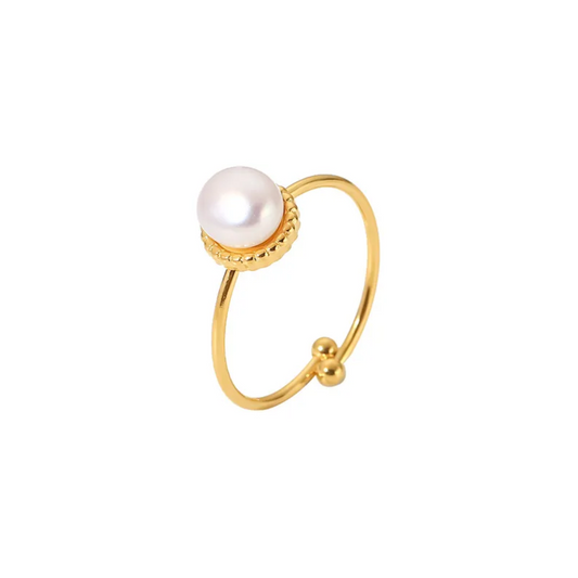 Adjustable Simulated Pearl Ring - Gold Plated Stainless Steel