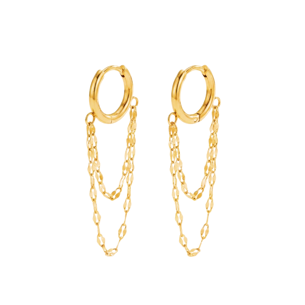 Double Layer Chain Huggie Hoop Earrings - Pair - 18K Gold Plated 304 Stainless Steel
