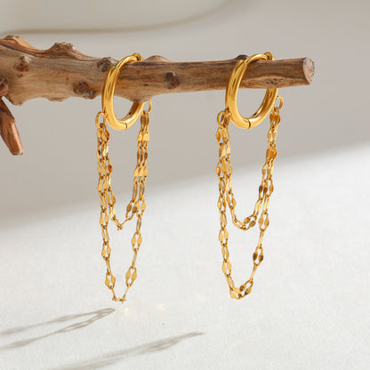 Double Layer Chain Huggie Hoop Earrings - Pair - 18K Gold Plated 304 Stainless Steel