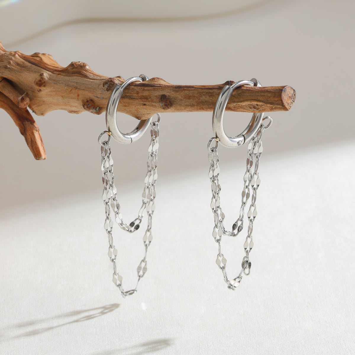 Double Layer Chain Huggie Hoop Earrings - Pair - 18K Gold Plated 304 Stainless Steel