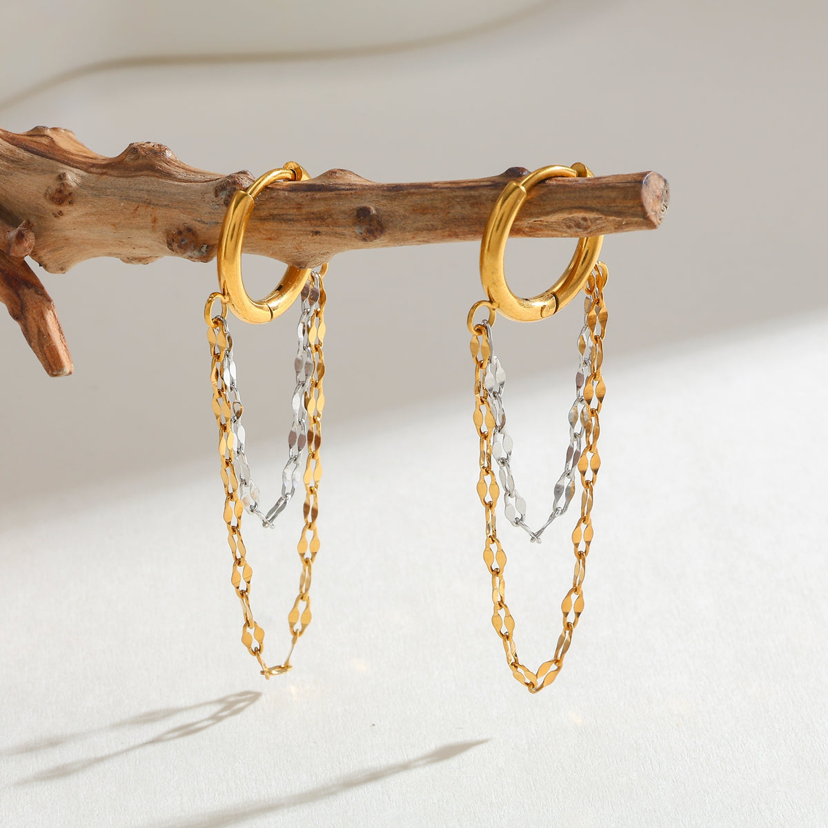 Double Layer Chain Huggie Hoop Earrings - Pair - 18K Gold Plated 304 Stainless Steel