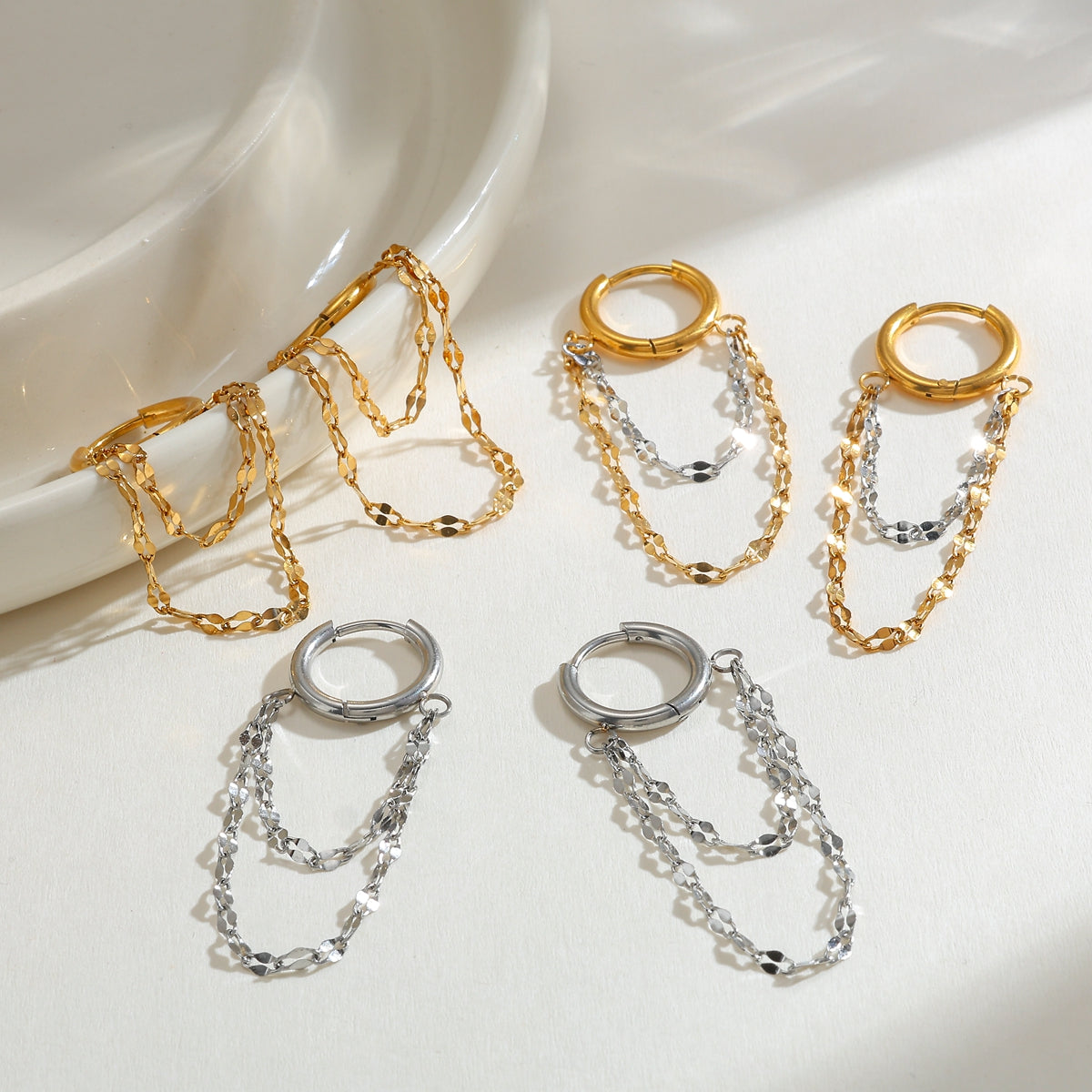 Double Layer Chain Huggie Hoop Earrings - Pair - 18K Gold Plated 304 Stainless Steel