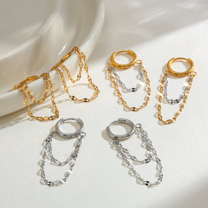 Double Layer Chain Huggie Hoop Earrings - Pair - 18K Gold Plated 304 Stainless Steel