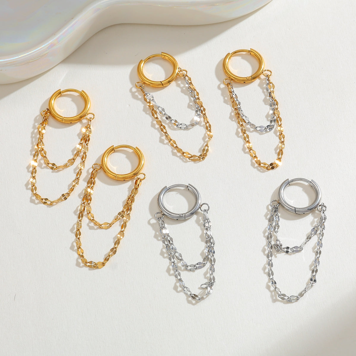 Double Layer Chain Huggie Hoop Earrings - Pair - 18K Gold Plated 304 Stainless Steel