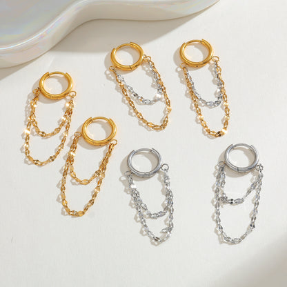 Double Layer Chain Huggie Hoop Earrings - Pair - 18K Gold Plated 304 Stainless Steel