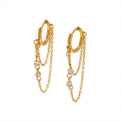 Zircon Crystals Double Dangling Chain Huggie Hoop Earrings - Pair - 18K Gold Plated 304 Stainless Steel