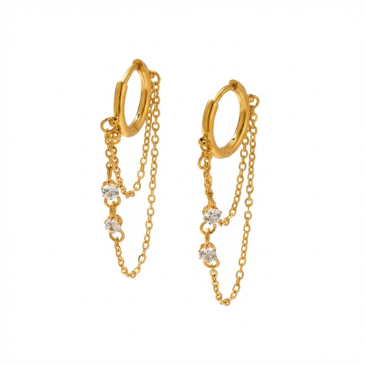 Zircon Crystals Double Dangling Chain Huggie Hoop Earrings - Pair - 18K Gold Plated 304 Stainless Steel