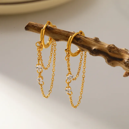 Zircon Crystals Double Dangling Chain Huggie Hoop Earrings - Pair - 18K Gold Plated 304 Stainless Steel