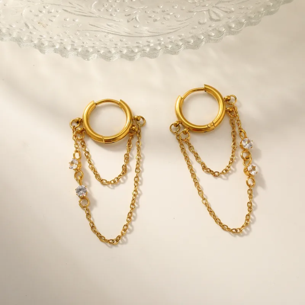 Zircon Crystals Double Dangling Chain Huggie Hoop Earrings - Pair - 18K Gold Plated 304 Stainless Steel