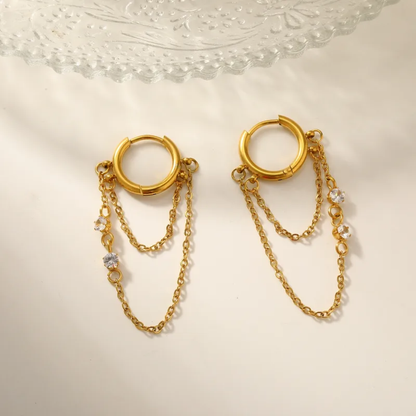 Zircon Crystals Double Dangling Chain Huggie Hoop Earrings - Pair - 18K Gold Plated 304 Stainless Steel