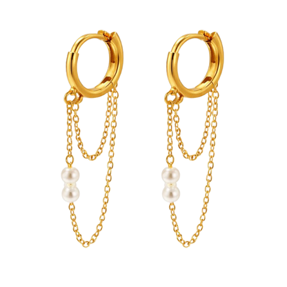 Simulated Pearls Double Dangling Chain Huggie Hoop Earrings - Pair - 18K Gold Plated 304 Stainless Steel