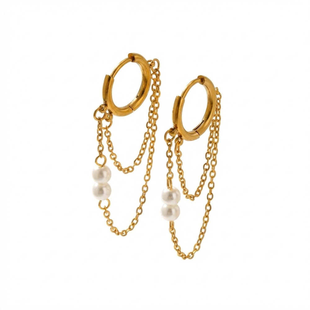 Simulated Pearls Double Dangling Chain Huggie Hoop Earrings - Pair - 18K Gold Plated 304 Stainless Steel