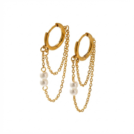 Simulated Pearls Double Dangling Chain Huggie Hoop Earrings - Pair - 18K Gold Plated 304 Stainless Steel