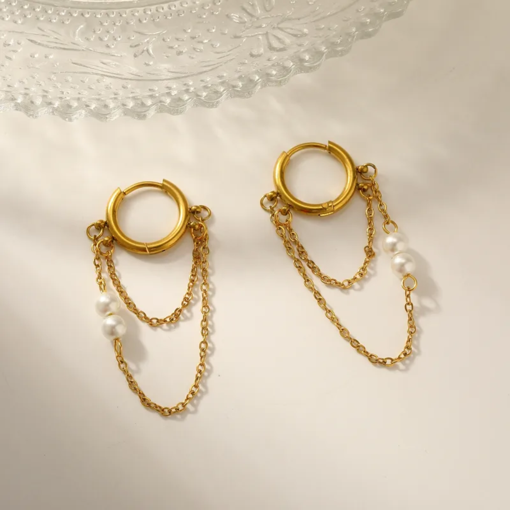 Simulated Pearls Double Dangling Chain Huggie Hoop Earrings - Pair - 18K Gold Plated 304 Stainless Steel