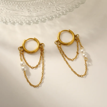 Simulated Pearls Double Dangling Chain Huggie Hoop Earrings - Pair - 18K Gold Plated 304 Stainless Steel