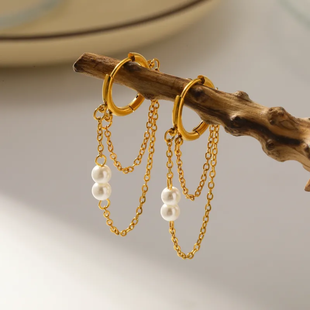 Simulated Pearls Double Dangling Chain Huggie Hoop Earrings - Pair - 18K Gold Plated 304 Stainless Steel
