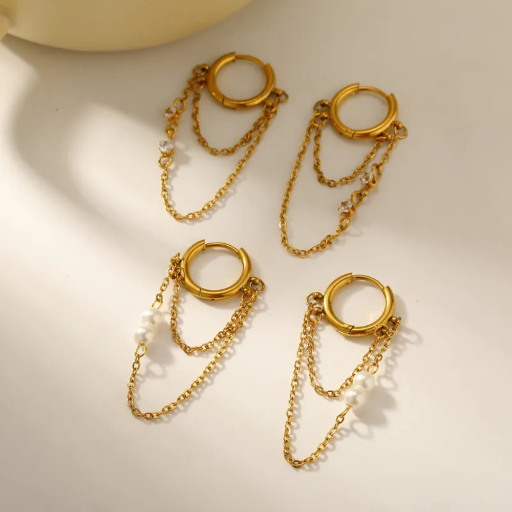 Simulated Pearls Double Dangling Chain Huggie Hoop Earrings - Pair - 18K Gold Plated 304 Stainless Steel
