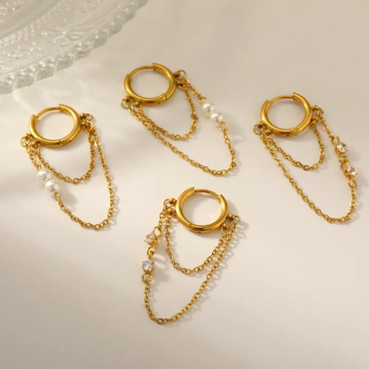 Simulated Pearls Double Dangling Chain Huggie Hoop Earrings - Pair - 18K Gold Plated 304 Stainless Steel