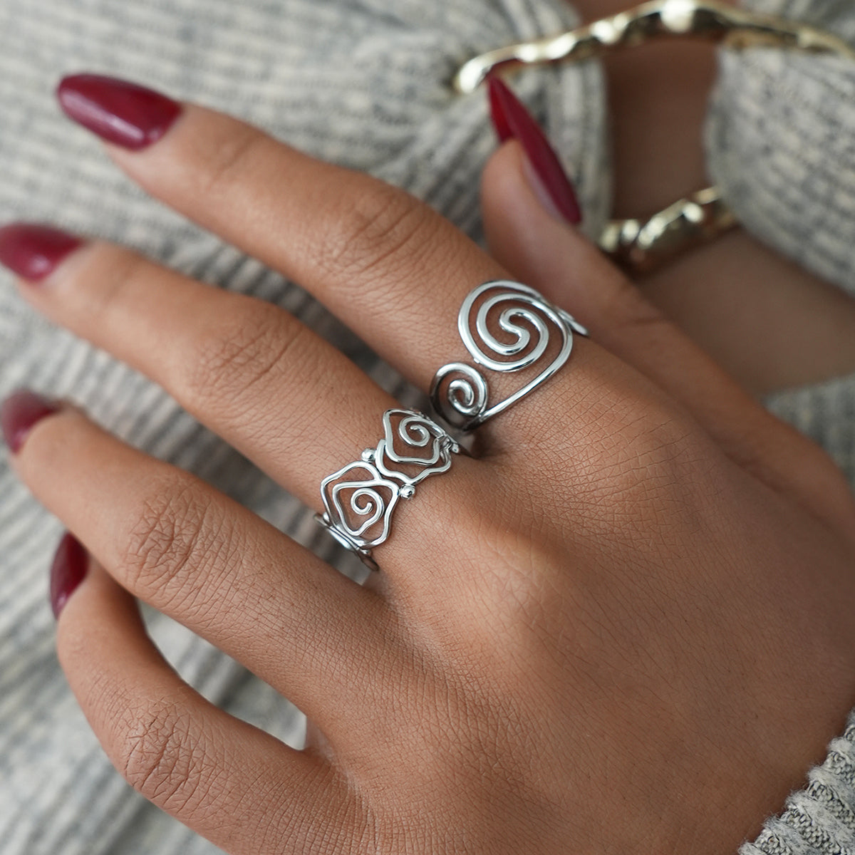 Spiral Lined Adjustable Cuff Ring - 304 Stainless Steel