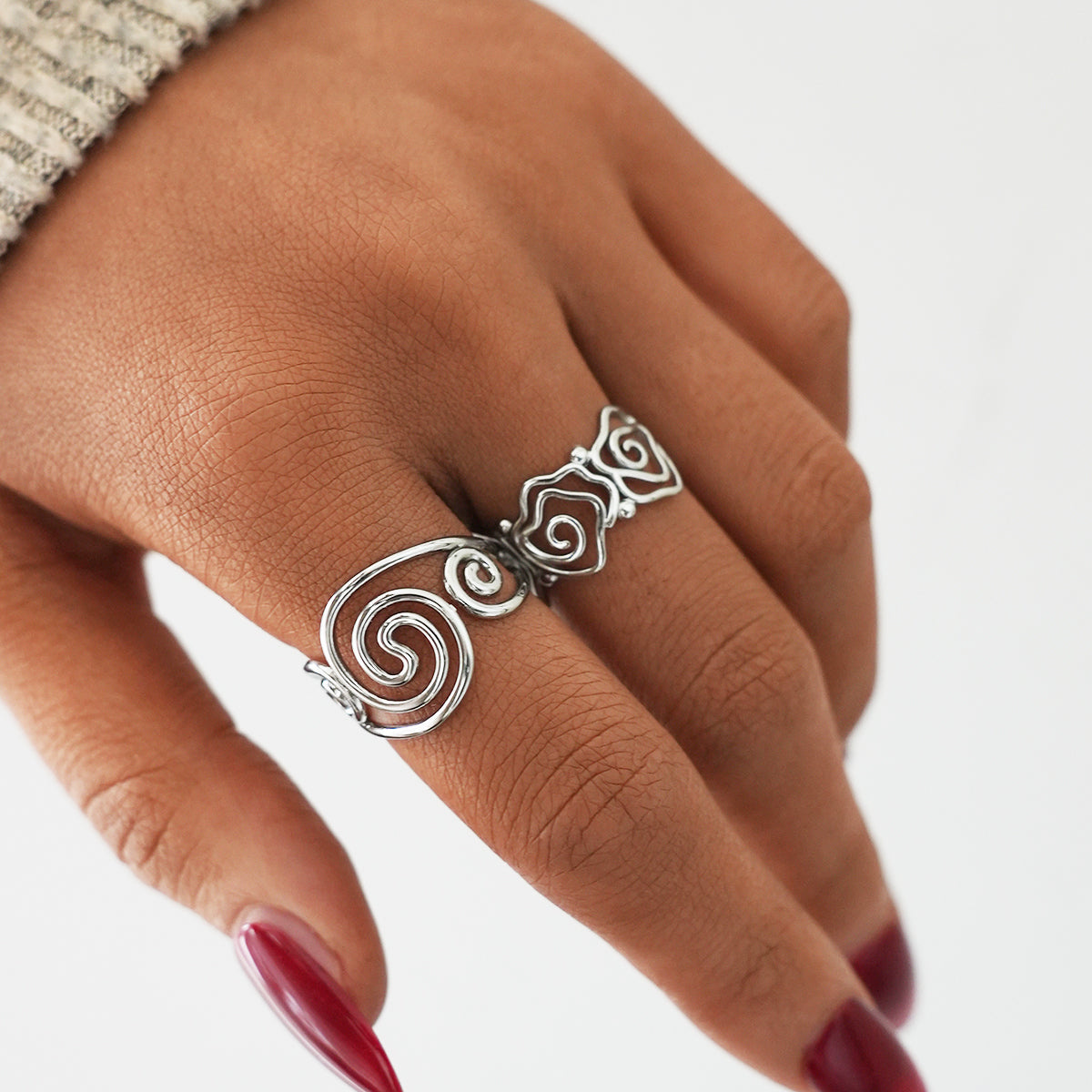 Spiral Lined Adjustable Cuff Ring - 304 Stainless Steel