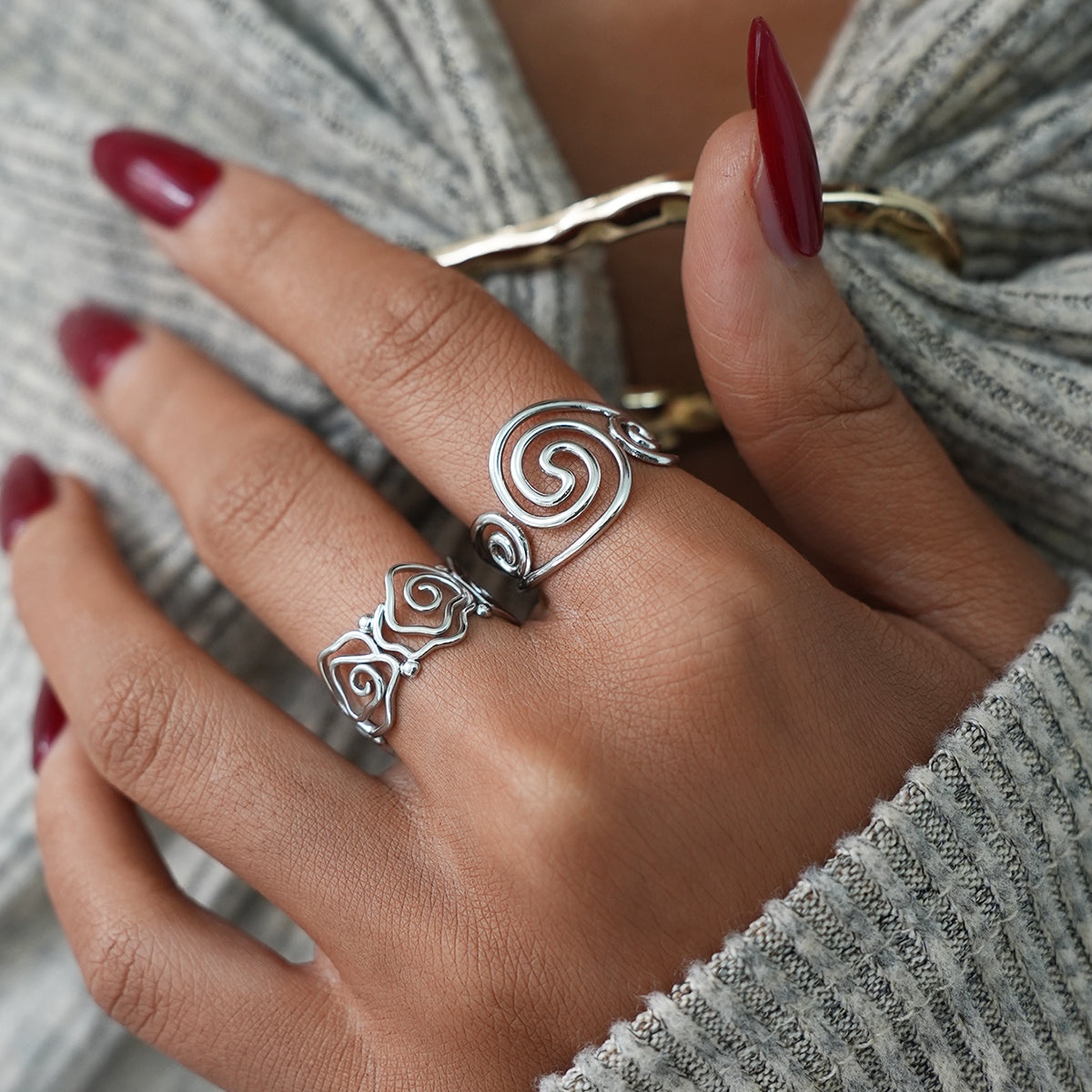 Spiral Lined Adjustable Cuff Ring - 304 Stainless Steel