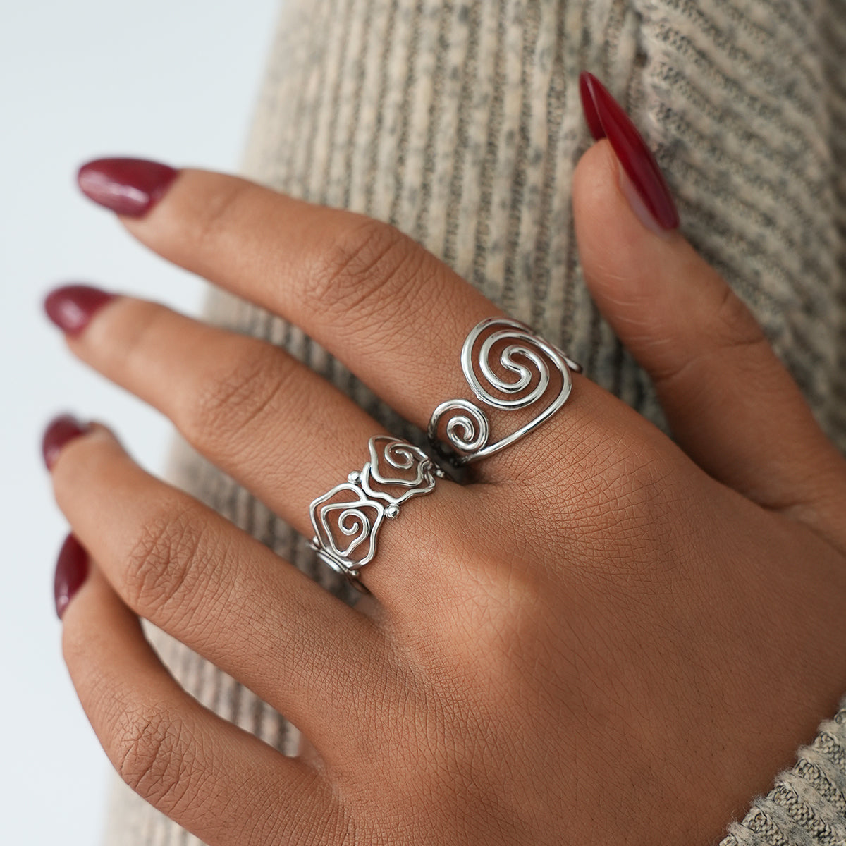 Spiral Lined Adjustable Cuff Ring - 304 Stainless Steel
