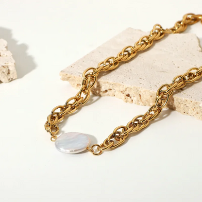 Faux Pearl Chain Necklace - Gold Plated Stainless Steel