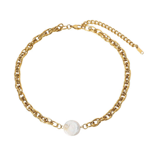 Faux Pearl Chain Necklace - Gold Plated Stainless Steel